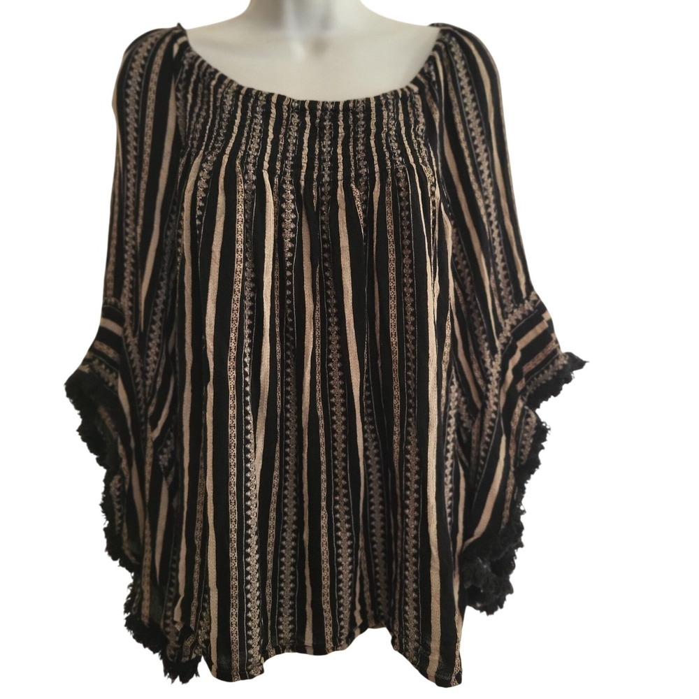 Studio West Black Tan Striped Loose Flowy Rayon Fringe Top Women 1X Boho retro